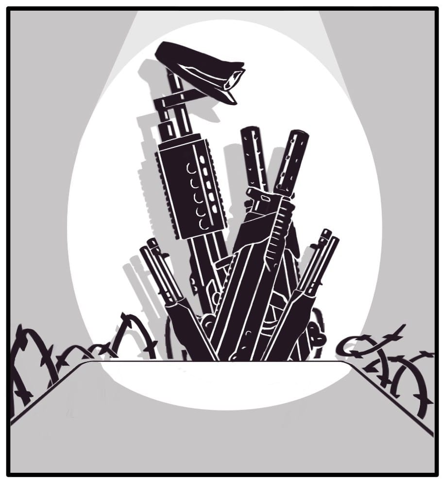 Panel 10: Citizen Foxwolf’s “brother” is spotlit at their seat at the table. They’re revealed to be a pile of guns with a cop hat hung off the barrel of one gun.