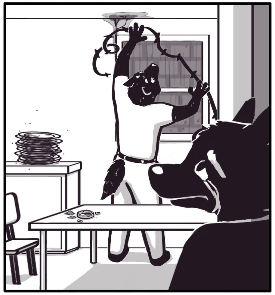 Panel 14: Citizen Foxwolf takes one last tearful glance at their father in the kitchen from the doorway. U.S. GOV Dad is beginning to wrap the window opening in barbed wire as the rain pours outside. The flies continue to swarm the dirty plates. The spilt ashtray remains a mess on the table.