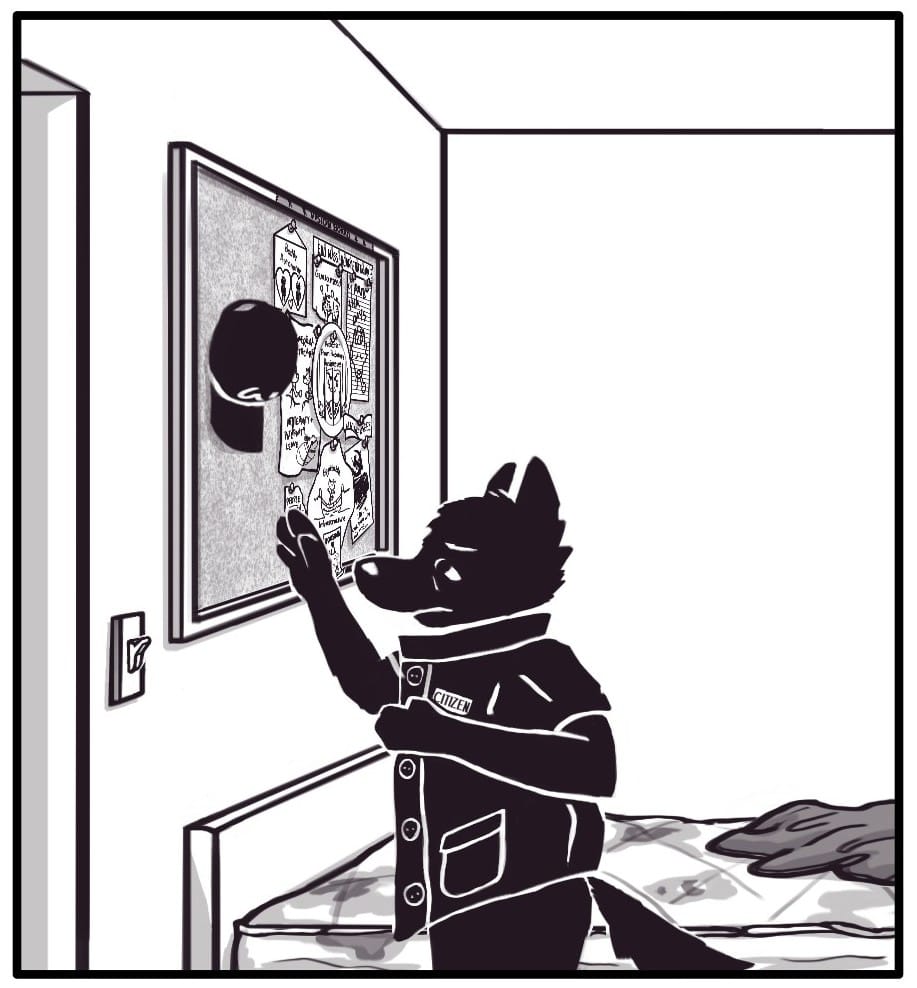 Panel 16: Foxwolf is pulling on the shirt that was draped over the bed and reaching for the hat on the cork board. The outfit seems to be a work uniform with a name tag that says “CITIZEN.” Foxwolf looks defeated, and her eyes are puffy from crying. In the background, the bed is revealed to be a bare, stained mattress and a single wrinkled blanket.