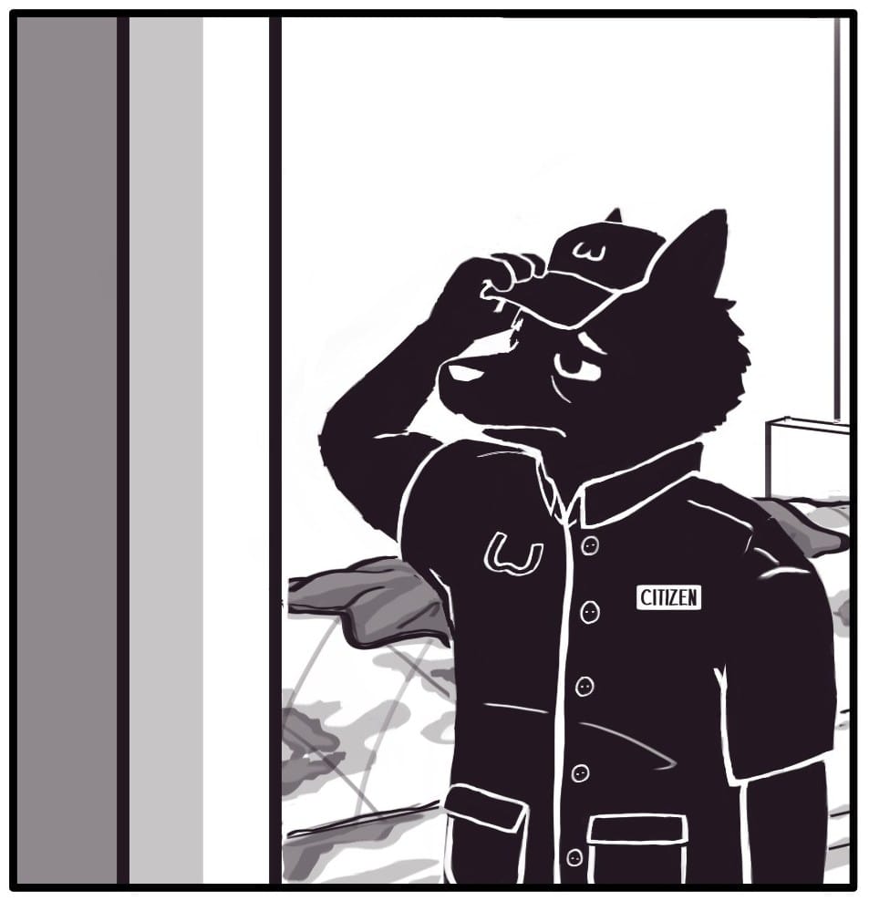 Panel 17: As Foxwolf puts on the hat, she wearily glances at the drawings pinned to the cork board.