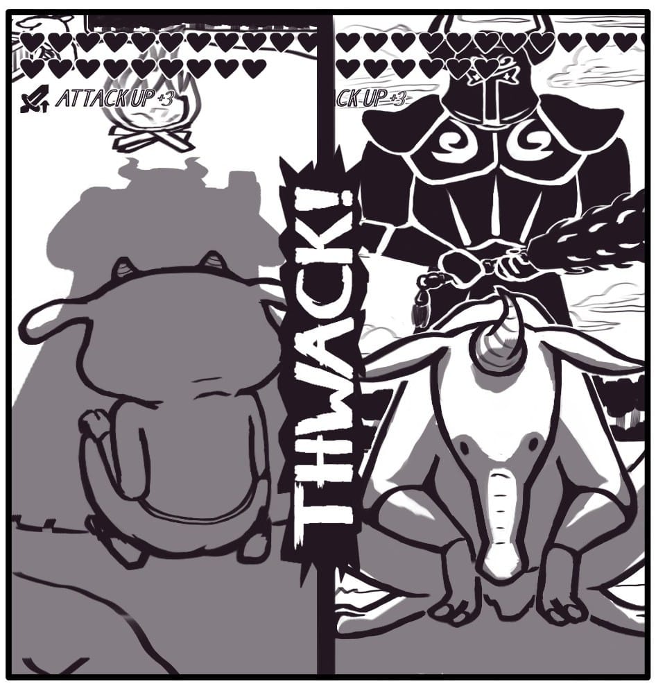 Panel 3: Foxwolf’s horned battle armor casts a long shadow over the unsuspecting creature as she rises, weapon drawn, behind him. THWACK! She KO’s the little one. She sneaks behind the remaining monster - who hasn’t noticed a single thing that’s occurred 20 feet to his right – brandishing a vicious spiked bat.