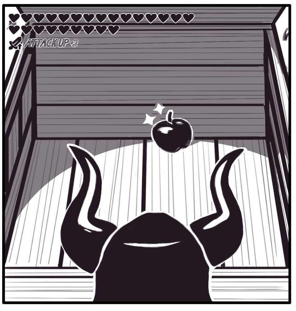 Panel 5: Foxwolf opens and peers into one of the crates. Inside the huge crate is a single, glistening apple.