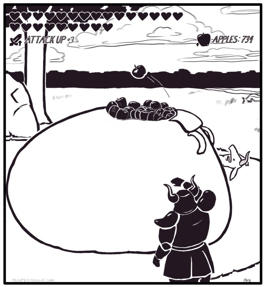 Panel 6: After opening the massive item storage pack, Foxwolf stands to the side throwing the apple to the top of the bursting bag. An updated item count displays, “APPLES: 734.”