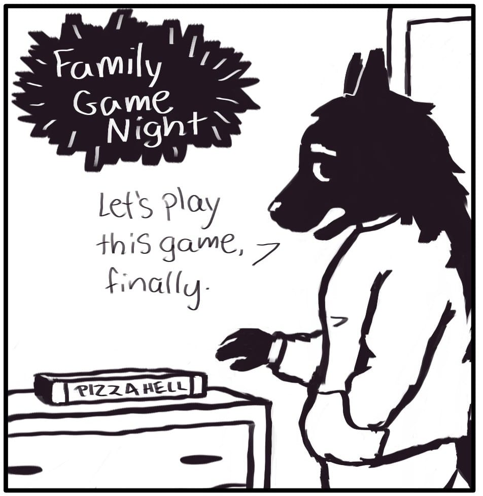 Panel 1: Houndmage reaches for a game called, “Pizza Hell,” and says “Let’s play this game finally.”