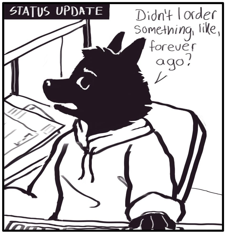 Panel 1: Foxwolf sitting in her office chair suddenly remembers something. “Didn’t I order something, like, forever ago?” she says.