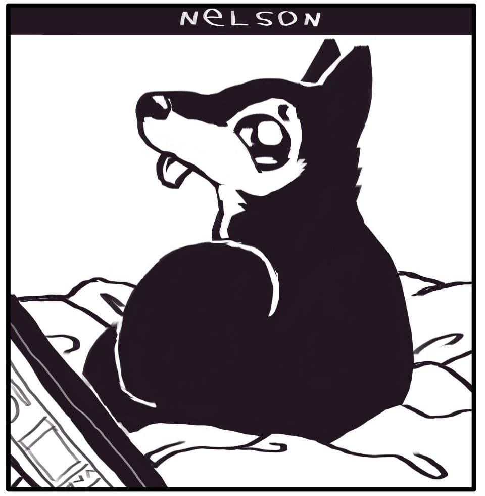 Panel 1: Nelson is sitting in a pile of blankets next to Foxwolf on the couch, tongue out, looking pathetically over her shoulder.