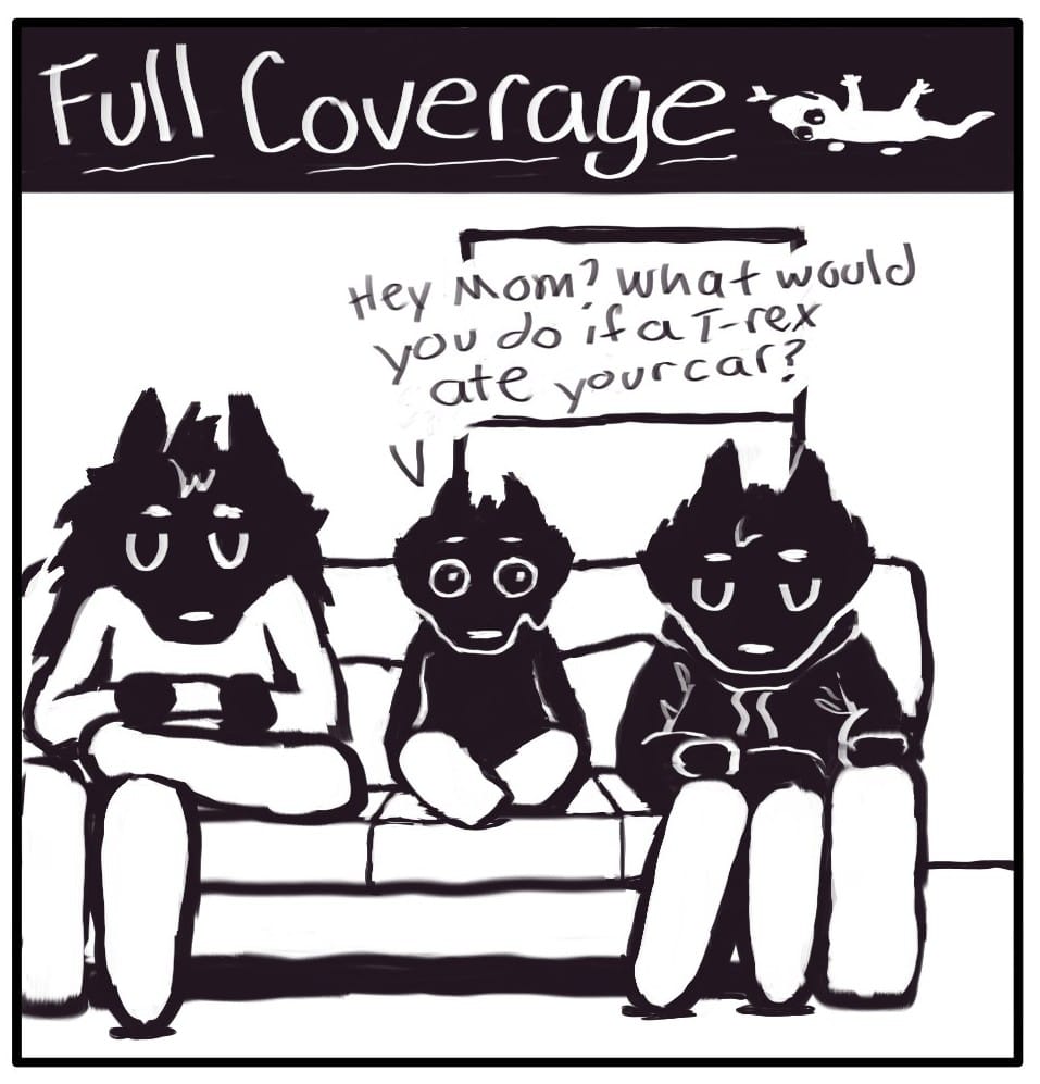 Panel 1: Houndmage, Jerri, and Foxwolf are sitting on the couch. Jerri asks, “Hey Mom? What would you do if a T-Rex ate your car?” There is a small lizard on the ceiling above them.