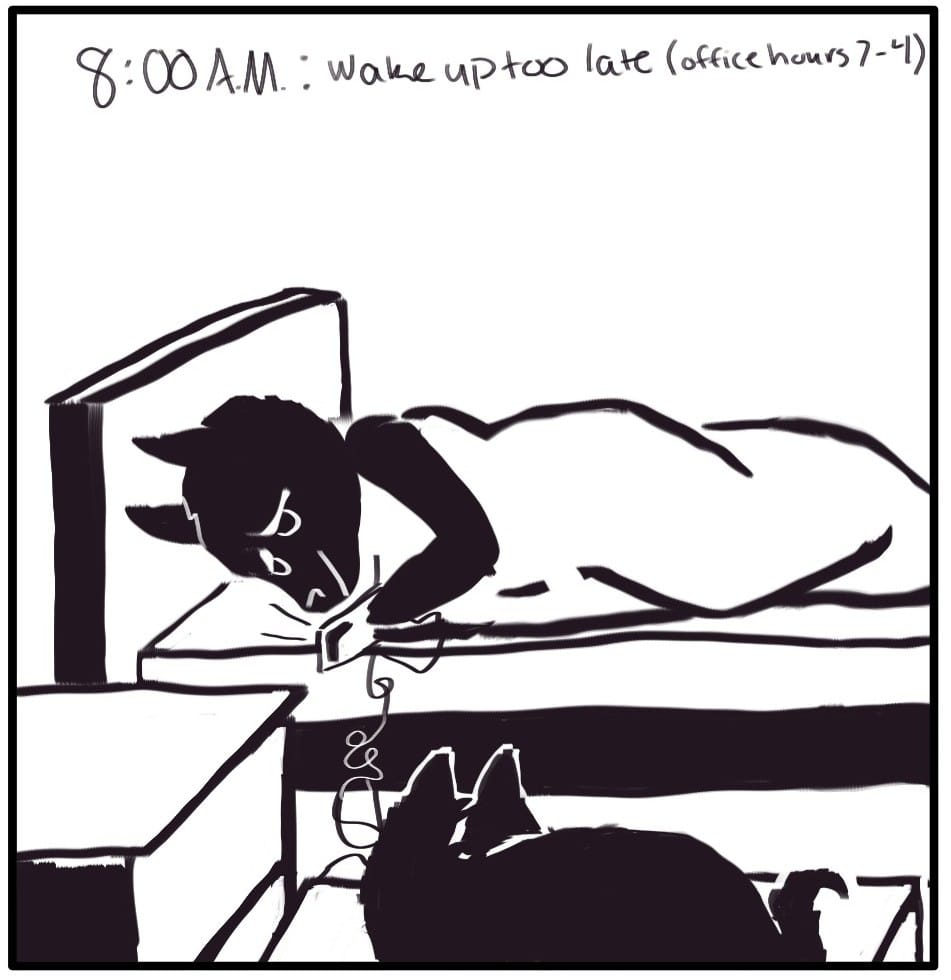 Panel 1: 8:00 AM: Wake up too late (office hours 7-4). Foxwolf Dogmother laying in bed looking at phone plugged in with a terribly tangled charging cord.