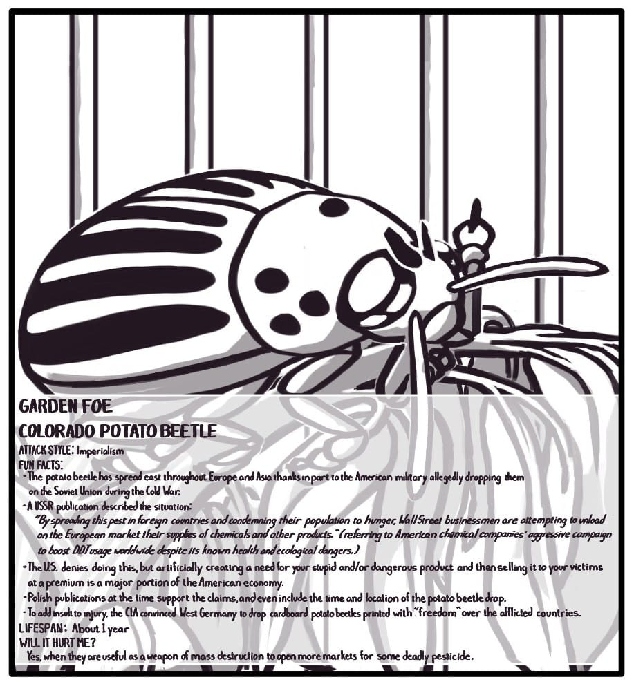 Panel 10: A Colorado potato beetle sits atop a wilting potato plant - you guessed it - flipping you off. GARDEN FOE COLORADO POTATO BEETLE ATTACK STYLE: Imperialism FUN FACTS:  The potato beetle has spread east throughout Europe and Asia thanks in part to the American military allegedly dropping them on the Soviet Union during the Cold War.  A USSR publication described the situation:  “By spreading this pest in foreign countries and condemning their population to hunger, Wall Street businessmen are attempting to unload on the European market their supplies of chemicals and other products.” (referring to American chemical companies’ aggressive campaign to boost DDT usage worldwide despite its known health and ecological dangers.)  The U.S. denies doing this, but artificially creating a need for your stupid product and then selling it to your victims at a premium is a major portion of the American economy.  Polish publications at the time support the claims, and even include the time and location of the potato beetle drop. To add insult to injury, the CIA convinced West Germany to drop cardboard potato beetles printed with “freedom” over the afflicted countries. LIFESPAN: About 1 year WILL IT HURT ME? 	Yes, when they are useful as a weapon of mass destruction to open more markets for some deadly pesticide.