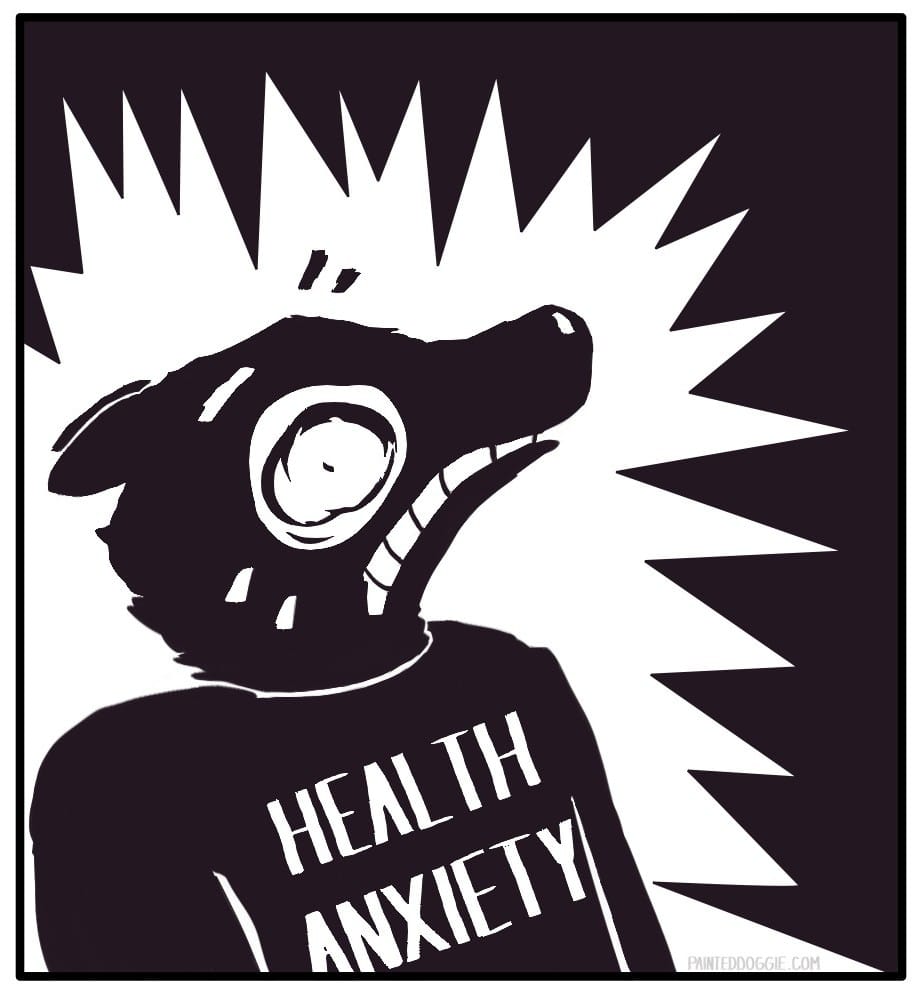 Panel 10: Health Anxiety recoils in a sweaty panic at Financial Insecurity's entrance.