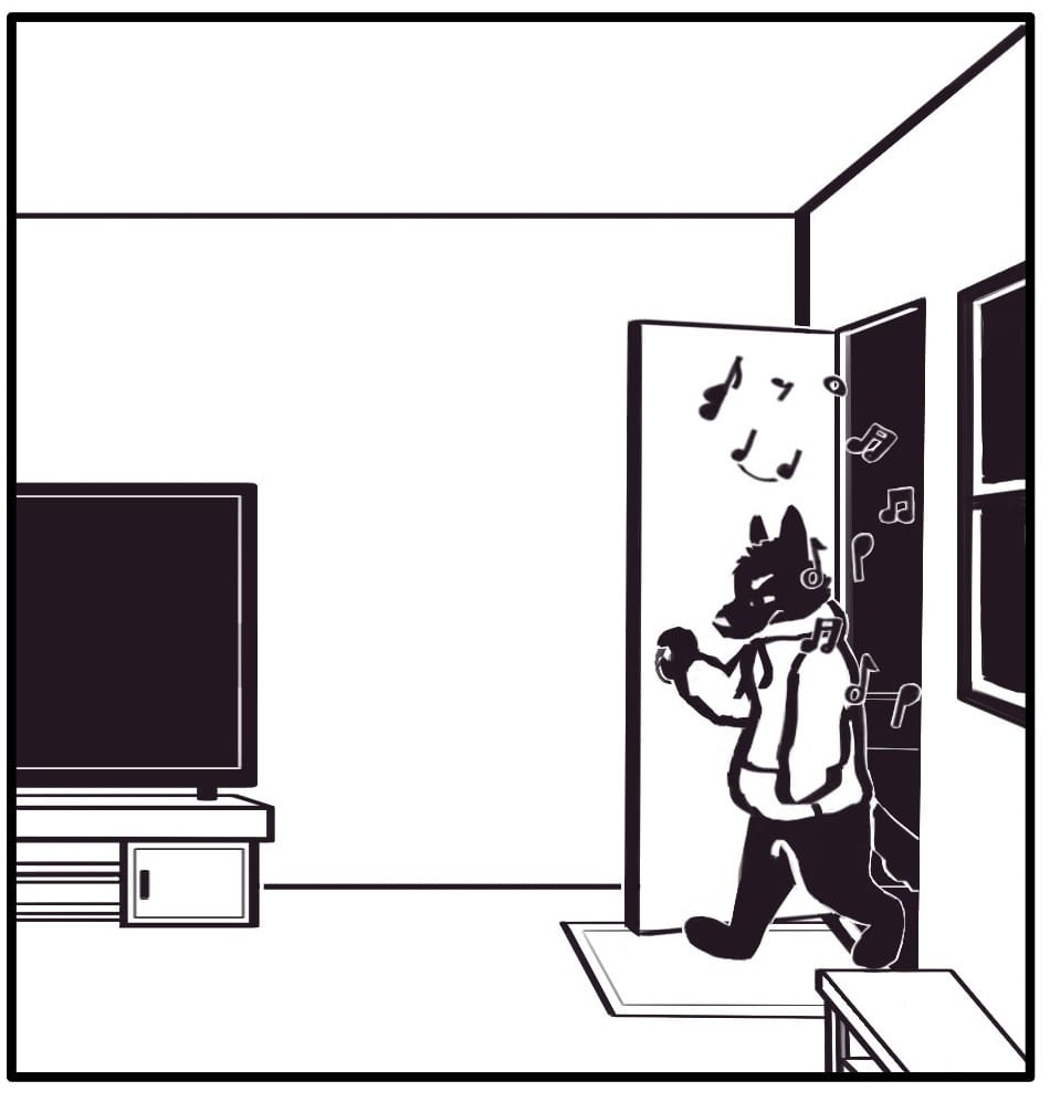 Panel 11: Foxwolf looks angry and determined as she stomps through the front door. The music from the tank spills in from outside.