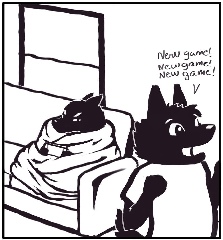 Panel 2: Foxwolf is wrapped in a large blanket on the couch playing a Nintendo Switch. She glares at Houndmage. Jerri runs past, excitedly chanting, “New game! New game! New game!”