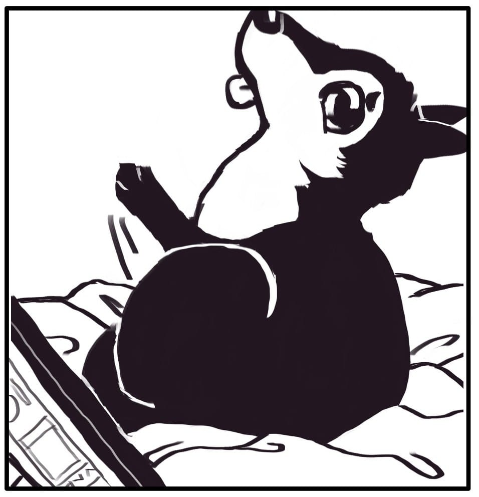 Panel 3: Nelson raised one paw in the air and sticks her tongue back out.