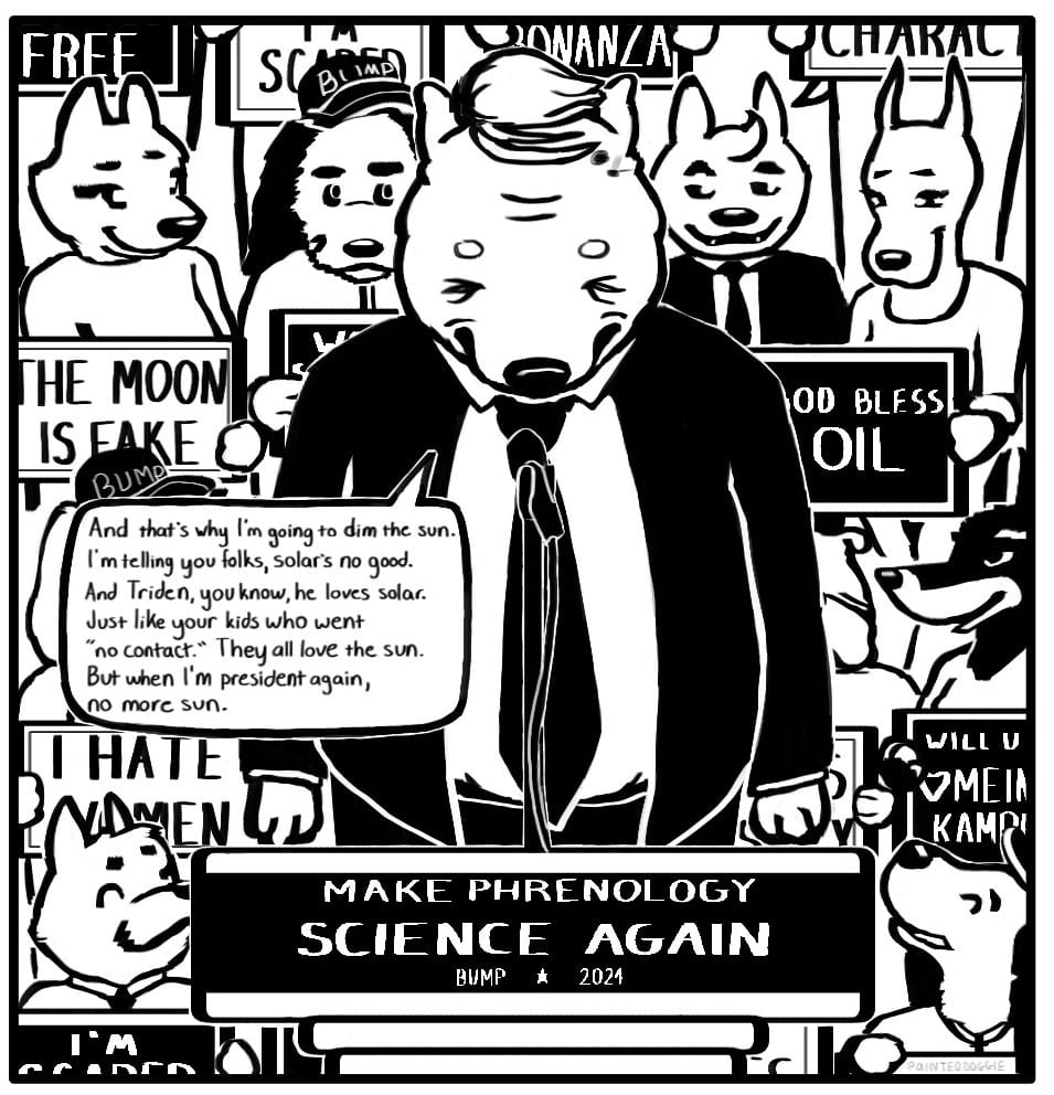 Panel 3: Bump is standing at a podium that has a campaign sign for BUMP 2024 which reads, “MAKE PHRENOLOGY SCIENCE AGAIN.” He says into the microphone, “And that’s why I’m going to dim the sun. I’m telling you folks, solar’s no good. And Triden, you know, he loves solar. Just like your kids who went “no contact.” They all love the sun. But when I’m president again, no more sun.” Behind bump are rally attenders holding signs. Some of the slogans from the signs read, “THE MOON IS FAKE,” “I’M SCARED,” “I HATE WOMEN,” and “WILL U B MEIN KAMPF?” The young oil executive and a young woman who looks like the older oil executive are standing in the crowd behind Bump holding a sign that says, “GOD BLESS OIL.”