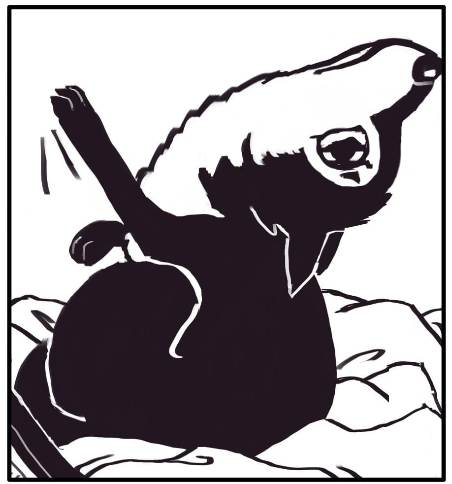 Panel 4: She cranes back her neck and stretches her paw farther.