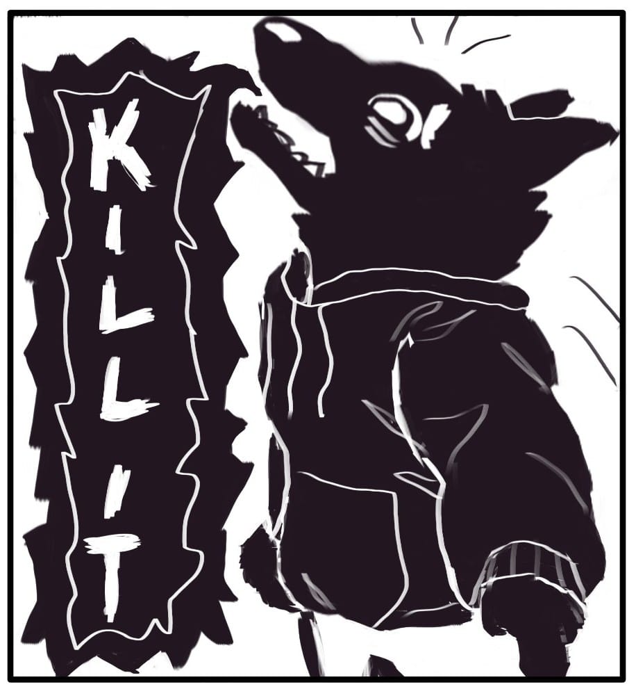 Panel 4: Foxwolf screaming and pointing at the lizard, “KILL IT!”