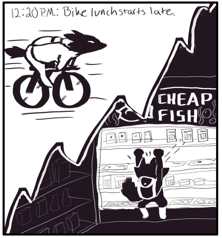 Panel 4: 12:20 PM: Bike lunch starts late. Foxwolf bikes to the store and is delighted to find some clearance fish.