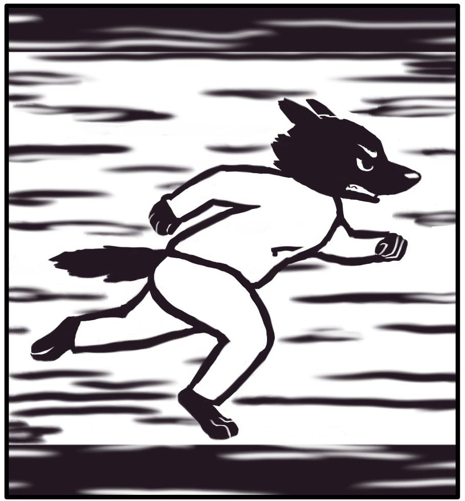 Panel 4: Brow furrowed in determination, Foxwolf sprints through the house with urgency. Her surroundings are a blur.