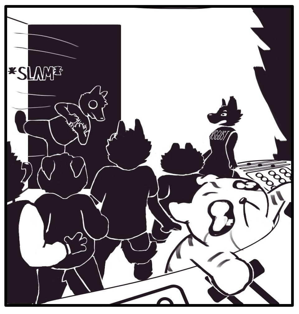 Panel 5: *SLAM* Everyone besides the cat whips around to see a new, wide-eyed emotion kick open a side door. Their intense gaze falls directly on the sick cat at the controls.