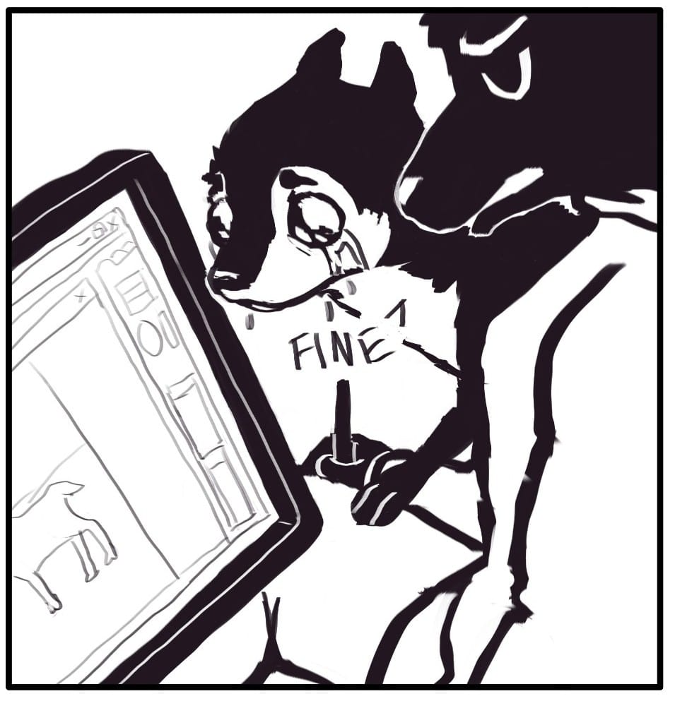 Panel 5: Foxwolf, exasperated says, “Fine.” Nelson has stretched herself into Foxwolf’s lap and is pitifully weeping while blocking Foxwolf’s hand so she can’t keep working.