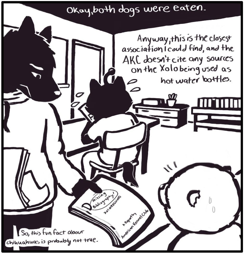 Panel 5: “Okay, both dogs were eaten. Anyway, this is the closest association I could find, and the AKC doesn’t cite any sources on the Xolo being used as hot water bottles… So this fun fact about chihuahuas is probably not true.” In a classroom, Foxwolf, disappointed, hands a paper titled “Xoloitzcuintli – A Report by American Kennel Club” to a sweating and surprised, fluffy, white dog. The paper is graded “D – Missing Bibliography!” At the desk in the background, a student who looks like the Dreddit logo from the search results in Panel 2 is hunched and sweating, holding their paper which received an “F.”