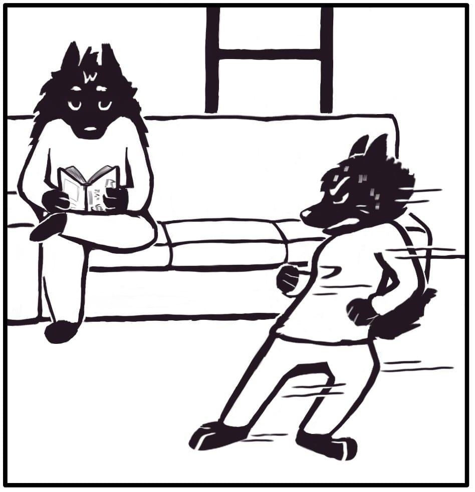 Panel 5: Houndmage sits on the couch, legs crossed reading a book. He looks up from the book at Foxwolf, who skids into frame sweating.