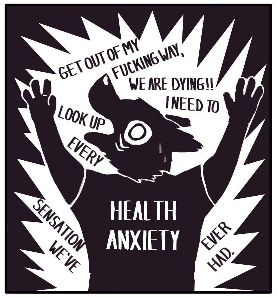 Panel 6: The new emotion, Health Anxiety, throws their hands over their head and screeches wildly,  “GET OUT OF MY FUCKING WAY, WE ARE DYING!! I NEED TO LOOK UP EVERY SENSATION WE'VE EVER HAD.”