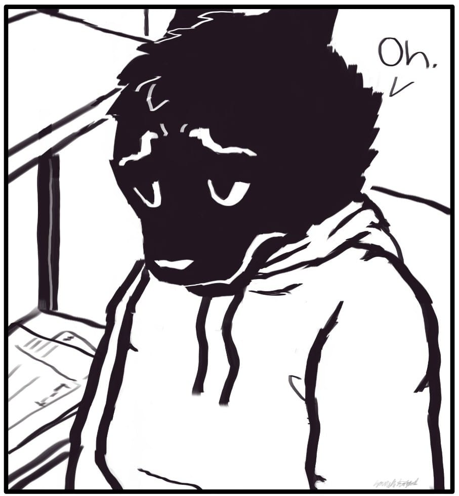 Panel 6: “Oh.” Foxwolf looks at the page like she absolutely hates herself.