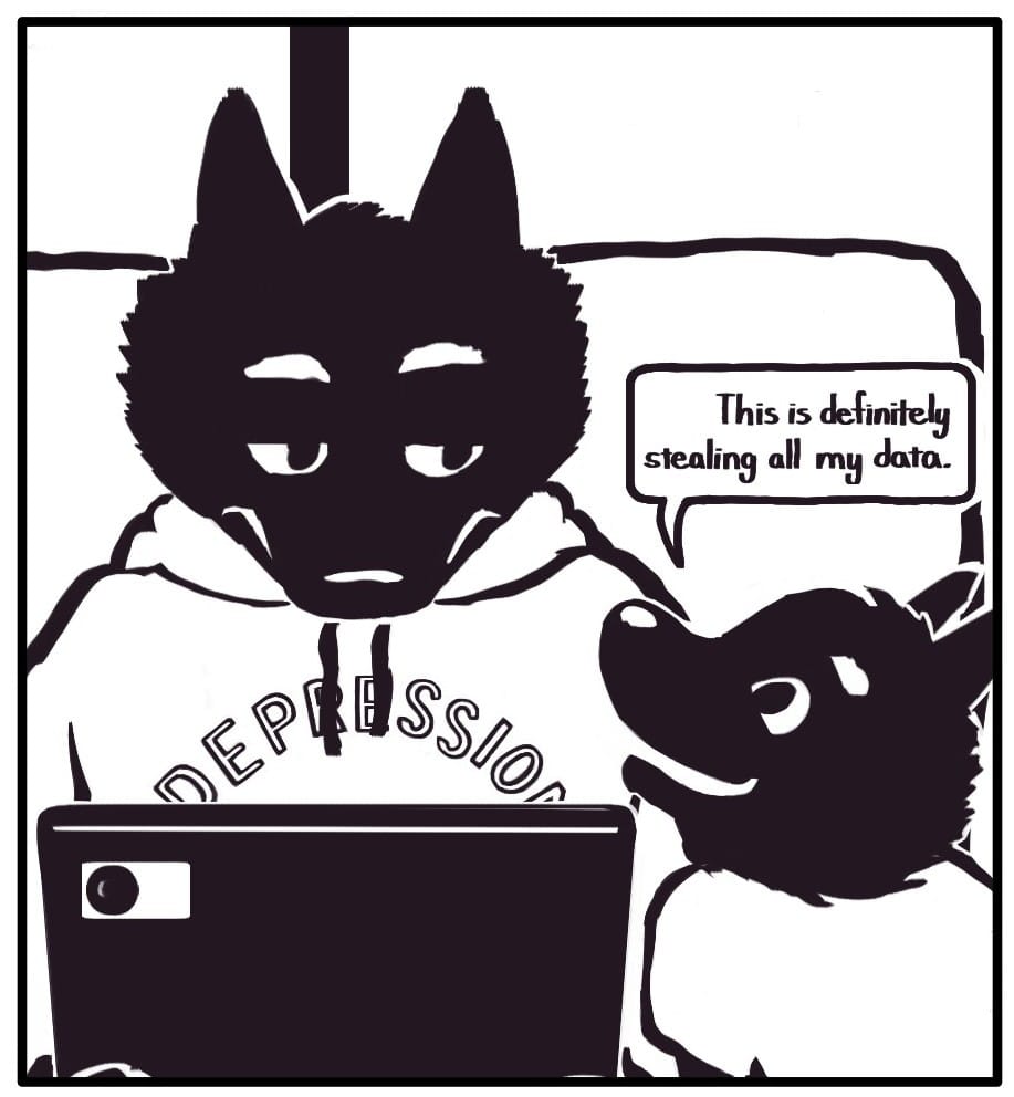 Panel 6: Foxwolf looks up from the screen at Jerri. Beaming, Jerri looks at their mother and says, “This is definitely stealing all my data.”