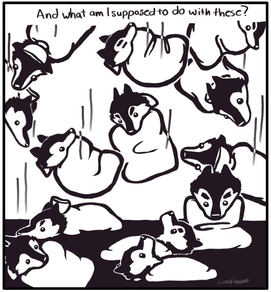 Panel 6: “And what am I supposed to do with these?” Tons of Nelson hot water bottles are falling from the top of the panel to an accumulating pile on the ground.