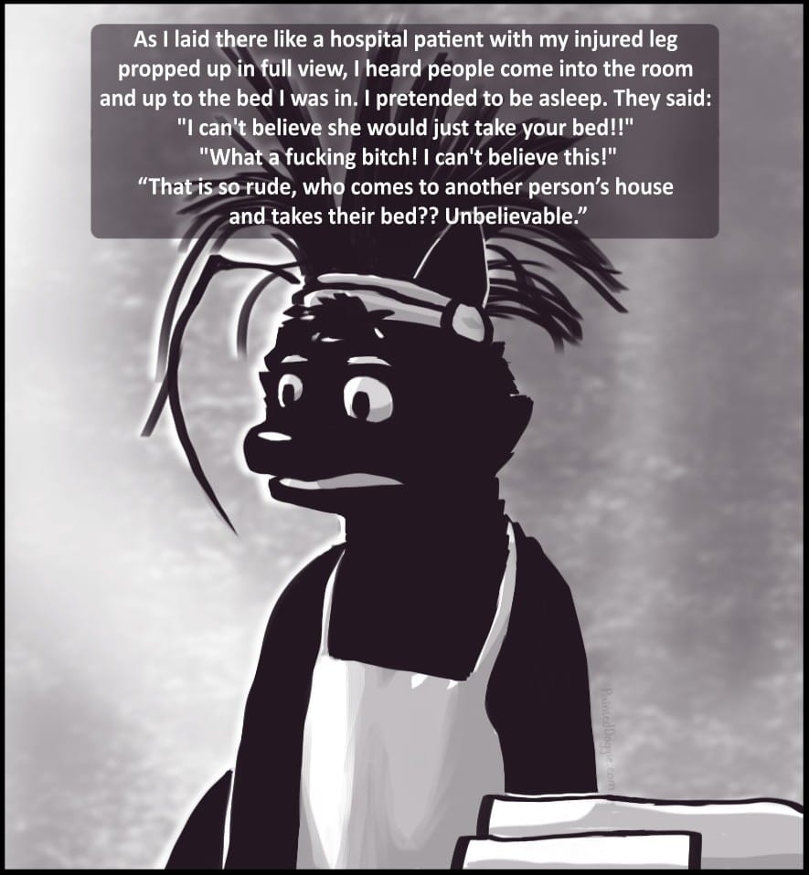 Panel 8: As I laid there like a hospital patient with my injured leg propped up in full view, I heard people come into the room and up to the bed I was in. I pretended to be asleep. They said:  "I can't believe she would just take your bed!! What a fucking bitch! I can't believe this!" “That is so rude, who comes to another person’s house and takes their bed?? Unbelievable.”