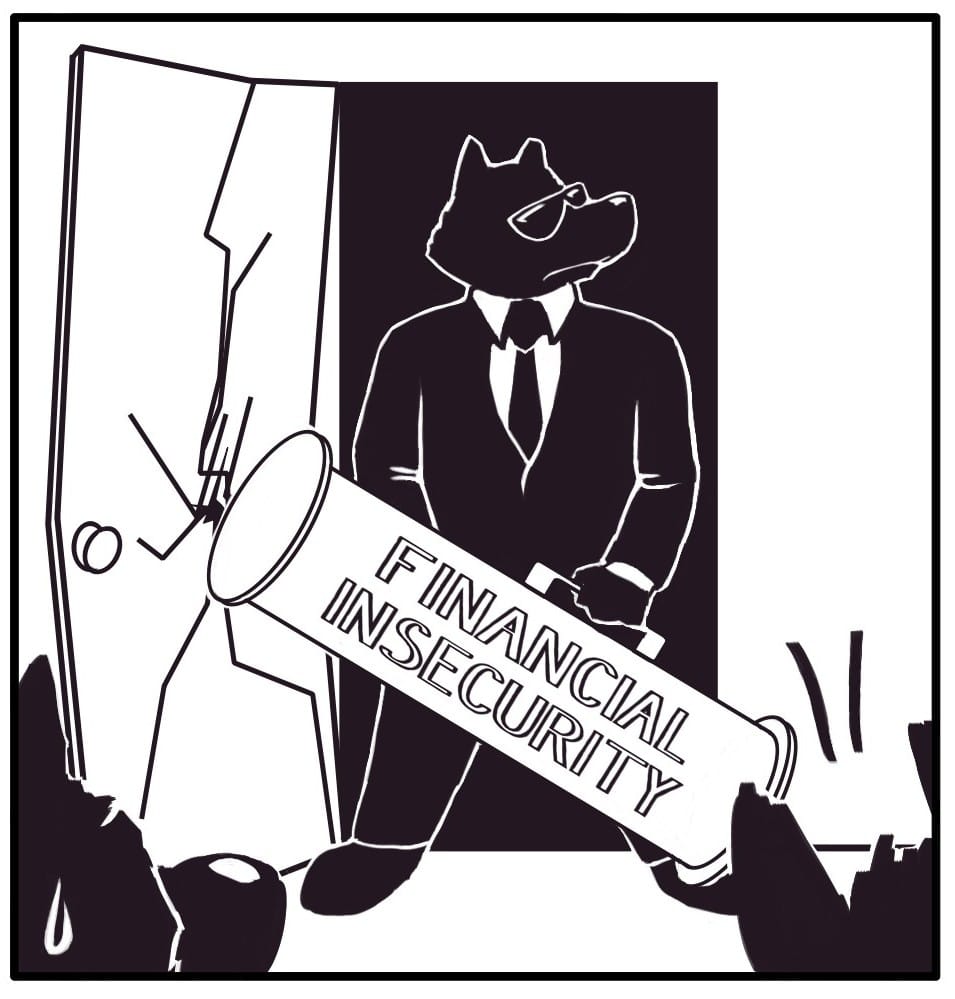 Panel 9: In the splintered doorway stands another emotion dressed in a suit, tie, and aviators. He's wielding a battering ram inscribed with “FINANCIAL INSECURITY.”