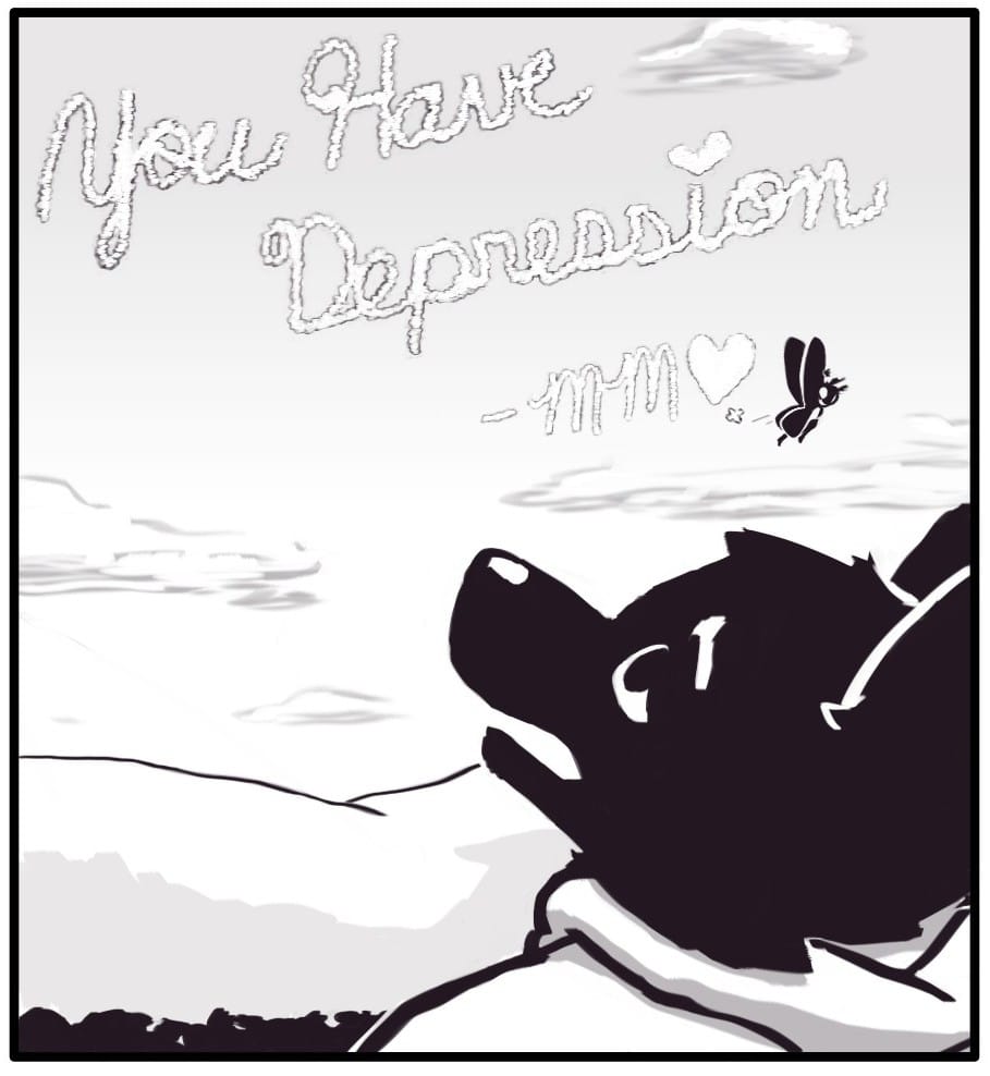 Panel 12: Foxwolf looks up, mouth agape, to see Mothman zooming off and waving. He has left beautifully penned skywriting in the clouds above the mountains. It says: “You Have Depression  - MM (heart)”