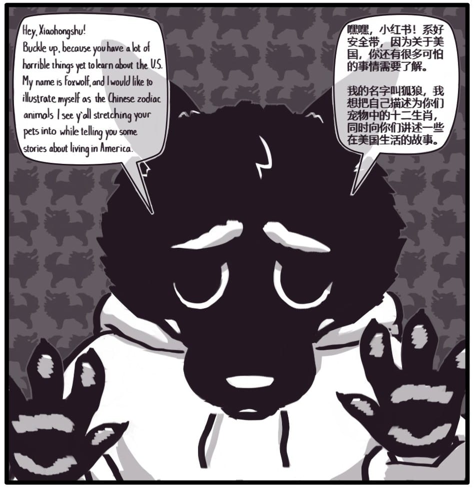 Panel 1: Foxwolf presses her hands against the screen as if to grab a scrolling reader’s attention and says: “Hey, Xiaohongshu! Buckle up, because you have a lot of horrible things yet to learn about the U. S. My name is Foxwolf, and I would like to illustrate myself as the Chinese zodiac animals I see y'all stretching your pets into while telling you some stories about living in America.”