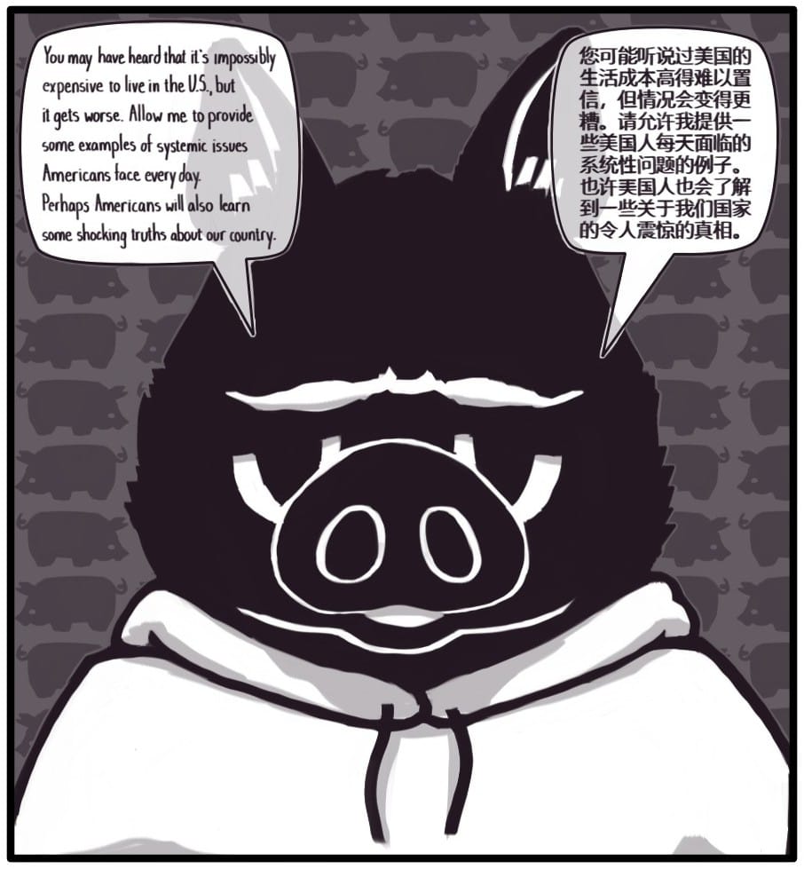 Panel 2: Foxwolf is now a pig and says: “You may have heard that it's impossibly expensive to live in the U. S., but it gets worse. Allow me to provide some examples of systemic issues Americans face everyday. Perhaps Americans will also learn some shocking truths about our country.”